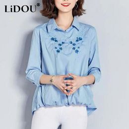 Women's Blouses 2023 Summer Solid Colour Fashion Blouse Nine Quarter Sleeve Shirt Women Clothing Embroidered Button Cotton All-match Cardigan