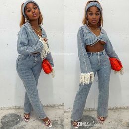 Denim Tracksuit Women 2023 Autumn Fashion Splicing Tassel Jeans Three Piece Set Long Sleeve Crop Jean Jackets And Pants With Scarf 3PCS Casual Suit Outfits