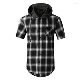 Men's T Shirts Mens Plaid Extra Long Hoodie Shirt 2022 Fashion Men Short Sleeve Hip Hop Streetwear Harajuku For Chemise Homme283a