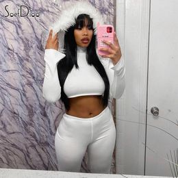 Women's Two Piece Pants Soefdioo Casual White 2 Set Women Concise Long Sleeve Furry Hooded Crop Tops And Pencil Matched Fall 2023 Tracksuits