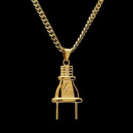 14K Gold Plated Mens Hip Hop Lighting Plug Pendant Necklace with 70cm Long Cuban Link Chain Jewelry336F