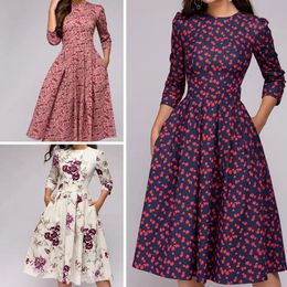 Basic Casual Dresses Fashion Women Dress Elegant Floral Print 3 4 Sleeve Round Neck A line Slim Fit Ruched Prom Evening Party Plus Size 231009