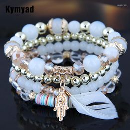 Charm Bracelets Kymyad Bohemian For Women Crystal Beads Multilayer Feather Bracelet