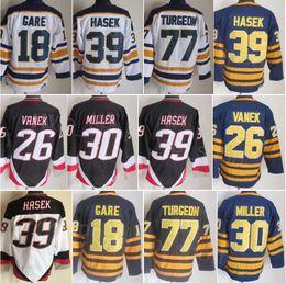 CCM Hockey Retro 30 Ryan Miller Jersey Retire 39 Dominic Hasek 77 Pierre Turgeon 26 Thoma Vanek 18 Danny Gare 16 Pat LaFontaine 11 Perreault Vintage Navy White Black