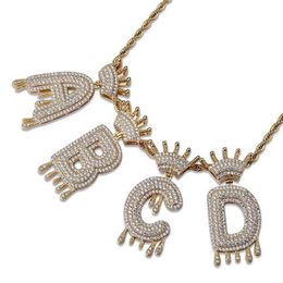 Luxury Iced Out Bling A-Z Crown English Letter Pendant Necklace Gold&Silver Hip hop 3mm 60cm Rope Chain Fashion Men Women Jewellery 2194
