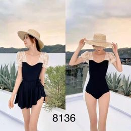 Women's Swimwear Black One-piece Removable Skirt Train Solid Colour Short Sleeve Tight Show Thin Fairy Wind Swimsuit Female