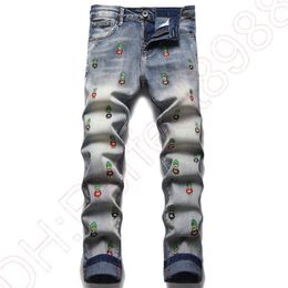 New JEANS chino Pants pant Men's trousers Stretch close-fitting slacks washed straight Skinny Embroidery Patchwork Ripped men2386