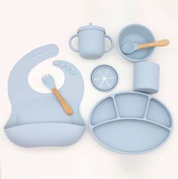 Cups Dishes Utensils 3/8Pcs Children's Silicone Plate Suction Cup Baby Dishes Set For Feeding Bowl Bibs Spoon Fork Sippy Cup Kids Training Tableware 231006