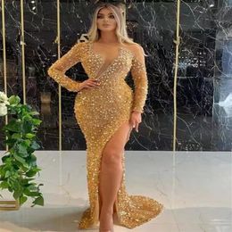 Casual Dresses Women Gold Luxury Prom Gowns 2022 High Quality Long Sleeve Diagonal Collar Sequined Diamonds Glitter Maxi Party Dre241k