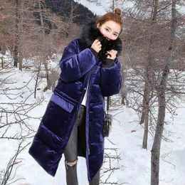 Women's Trench Coats 2023 Women Down Cotton Coat Winter Large Size Jacket Mid Length Big Fur Collar Parkas Loose Outwear Pleuche Hooded