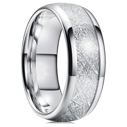 8mm Tungsten Mens Ring Inlay Meteorite Silver Polished Wedding Bands Men's 316L Stainless Steel Ring Size 7-13#313M