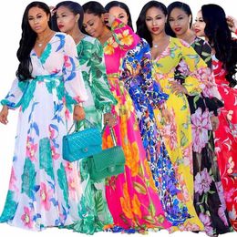 Women Maxi Dress Plus Size Floral Printed Long Sleeve V Neck Belted Chiffon Dresses Casual Beach Loose S-3XL-5XL293V
