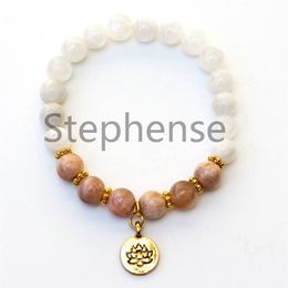 MG0652 2A Grade Moonstone & Sunstone Bracelet Natural Gemstone Chakra Lotus Charm Yoga Bracelet New Design Balance Mala Bracelet263e