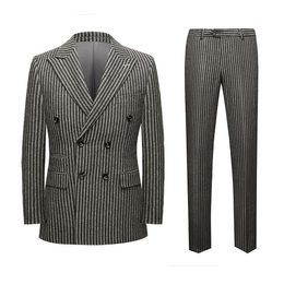 Gray Wool Winter Men Suit's For Wedding Formal Striped Groom Tuxedos Male Fashion 2 Pieces Double Breasted Pants Sets