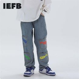 IEFB men's wear hip hop black jeans New fashion Male's tadpole printed multi-pocket casual denim pants high street 9Y32262v