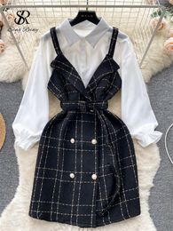 Work Dresses SINGREINY Fashion Patctwork Suits Solid Lantern Sleeves Shirt Plaid Sling Belt Pearl Buttons Midi Dress Autumn Korean Style