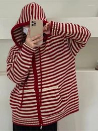 Women's Knits Harajuku 2023 Vintage Stripe Hoodes Cardigans Double Zipper Women Y2k Japan Knitwear Autumn Loose Pocket Jacket Sweater Grunge