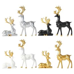 Decorative Objects Figurines 2pcs Collectible Christmas Reindeer Resin Sculpture Statue Deer Figurine Decor Statues Decoration 231009