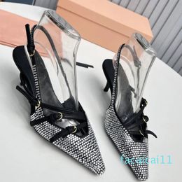 Leather slingback pumps metal buckle-embellished sandals kitten heel crystal embellishment women's Luxury Designer pointed toe Evening Party shoes