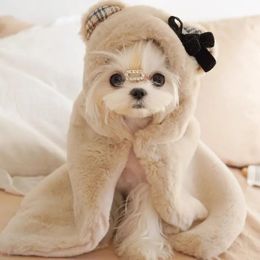 Dog Apparel Autumn and Winter Warm Pet Cat Plush Blanket Cloak Clothes Cute Bear Pad Ear Hooded Coat 231009