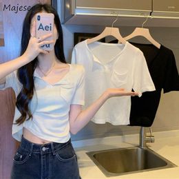 Women's T Shirts T-shirts Women Solid Crop Tops Casual All-match Korean Style Summer Chic Soft Teens Fashion Temper Basic Pockets Sweet