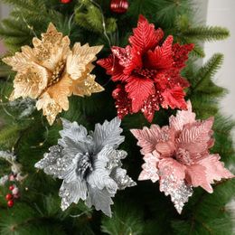 Decorative Flowers 1/2pcs 25cm Glitter Artificial Christmas Poinsettia Xmas Tree Ornaments Merry Decoration Year Gift