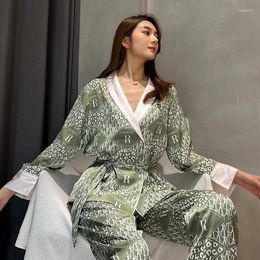 Women's Sleepwear Fashion Green Pyjamas Suit Print Leopard Women Satin 2Pcs Loungewear V-Neck Home Clothes Trousers Set Loose Nightwear