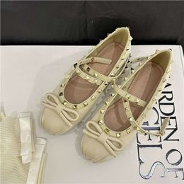 Valentine with Ballet ballerinas flats Satin tone-on-tone studs Ballet Sole Riveted Flat Bow Women's Shoes Silk Cross Strap Shoe Girl shoes S29BL