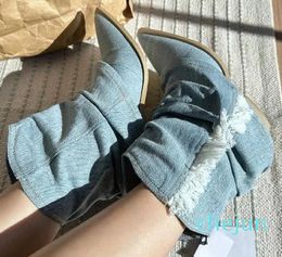 Blue Denim Women'S High Fall Female Thick Heeled Pointed Toe Slip On Western Shoes Stylish Versatile