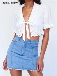 Women's Blouses 2023 Sexy White Embroidery Hole Flower Puff Sleeve Cropped Shirt Women Lapel Ruffles Hem Tie Bow Short Tank Tops