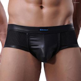 Underpants Faux Leather Men Boxers Briefs Sexy Underwear Breathable Mesh Small Boxer Erotic Shorts U Convex Pouch Penis Bulge Panties