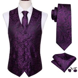Men's Vests 4PC Mens Silk Vest Party Wedding Purple Paisley Solid Floral Waistcoat Pocket Square Tie Slim Suit Set Barry Wang281M