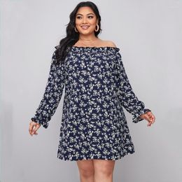 Plus Size Dresses Slash Neck Floral Print Summer Spring Casual Dress Long Flounce Sleeve Off Shoulder Blue Tunic Large 6XL