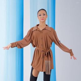 Stage Wear Long Sleeve Button And Belt Design Female Latin Dance Dress For Women Performance Ballroom Dancing Costume NY23 W23A220