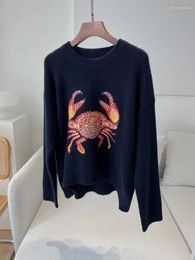 Women's Sweaters Cashmre Navy Grey Crab Embroidered Front Knitted Sweater Round Neck Drop SHoulder Long Sleeves Soft Pullovers