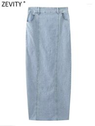 Skirts Zevity 2023 Women Fashion Side Pockets Slim Denim Long Skirt Vintage High Waist with Waistband Female Split Mujer Qun5078