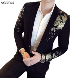 Men's Suits & Blazers Gold Black Blazer Flower Print Party Wedding Festival Stylish For Men Stage Costumes Singers Slim Fit2481