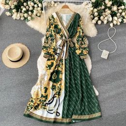 Spring Autumn Women Color Blocked Dresses Printed Slim Long Dress Female Casual Loose Fashion Sash Tie Up Girdle Waist Dresses254w