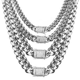 6-18mm wide Stainless Steel Cuban Miami Chain Necklace CZ Zircon Box Lock Big Heavy Hip Hop Jewelr279h