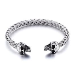 Silver Stainless Steel Cuff bangle Biker double skull head End Open Bracelet knot Wire chain286x