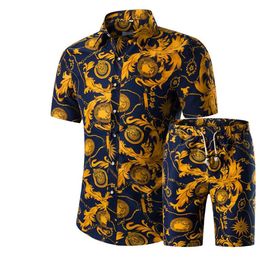 Fashion-Designer New Fashion Men Shirts Shorts Set Summer Casual Printed Shirt Homme Short Male Printing Dress Suit Sets Plus Size256u