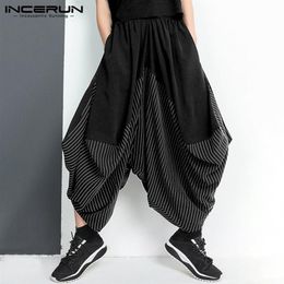 INCERUN Men Harem Pants Striped Patchwork Joggers Elastic Waist Baggy Fashion Wide Leg Trousers Men Punk Streetwear Dance Pants277V