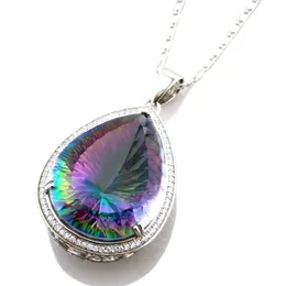 Mystic Quartz Stone Silver Pendant Necklaces Natural Mystic Rainbow Stone Jewellery Women Necklace Big Stone Pendant