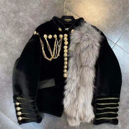 Women's Jackets Women Stand Collar Floral Embroidered Bomber Jacket Gold Buckles Chain Tassels Faux Fur PU Stitching Coat Parka Cardigan Top 231007