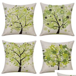 Pillow Case Pillow Case Set Of 4 Spring Er Green Trees Printed Outdoor Linen Pillowcase Decorative Cushion Soft For Sofa Bed Couch Liv Dh4Jr