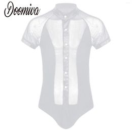 Stage Wear Latin Dance Costume For Men See-Through Mesh Patchwork Leotard Bodysuit Tops Shiny Rhinestone Shirts Dancewear