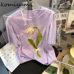 Women's T Shirts Komiyama Three-dimensional Tulip Flowers Tees Short Sleeve Y2k Tops Sweet Ropa Mujer 2023 Summer Couple Shirt