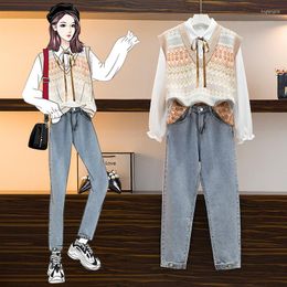 Women's Two Piece Pants School Sweet Suits Korea Sleeveless Knitted Vest Sweater White Blouse High Waist Jeans Pant 3 Casual Sets Women Kit