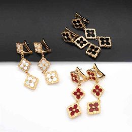 2022 Vintage Solid Colour Lucky Four Leaf Clover Dangle Earrings For Women Copper Charm Ear Studs Jewellery Luxury Gift237f