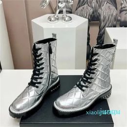 Short Boots Lace up Zipper Low Heel Flat Bottom Round Toe Plaid Upper Formal Casual Banquet Work Rain Boots Snow Boots Size 35-41